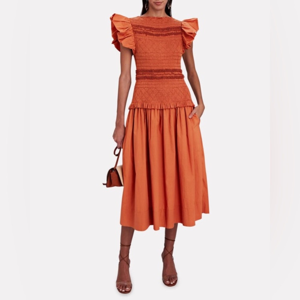 NWOT - Ulla Johnson Madeline smocked cotton-jersey and cotton-poplin midi dress.